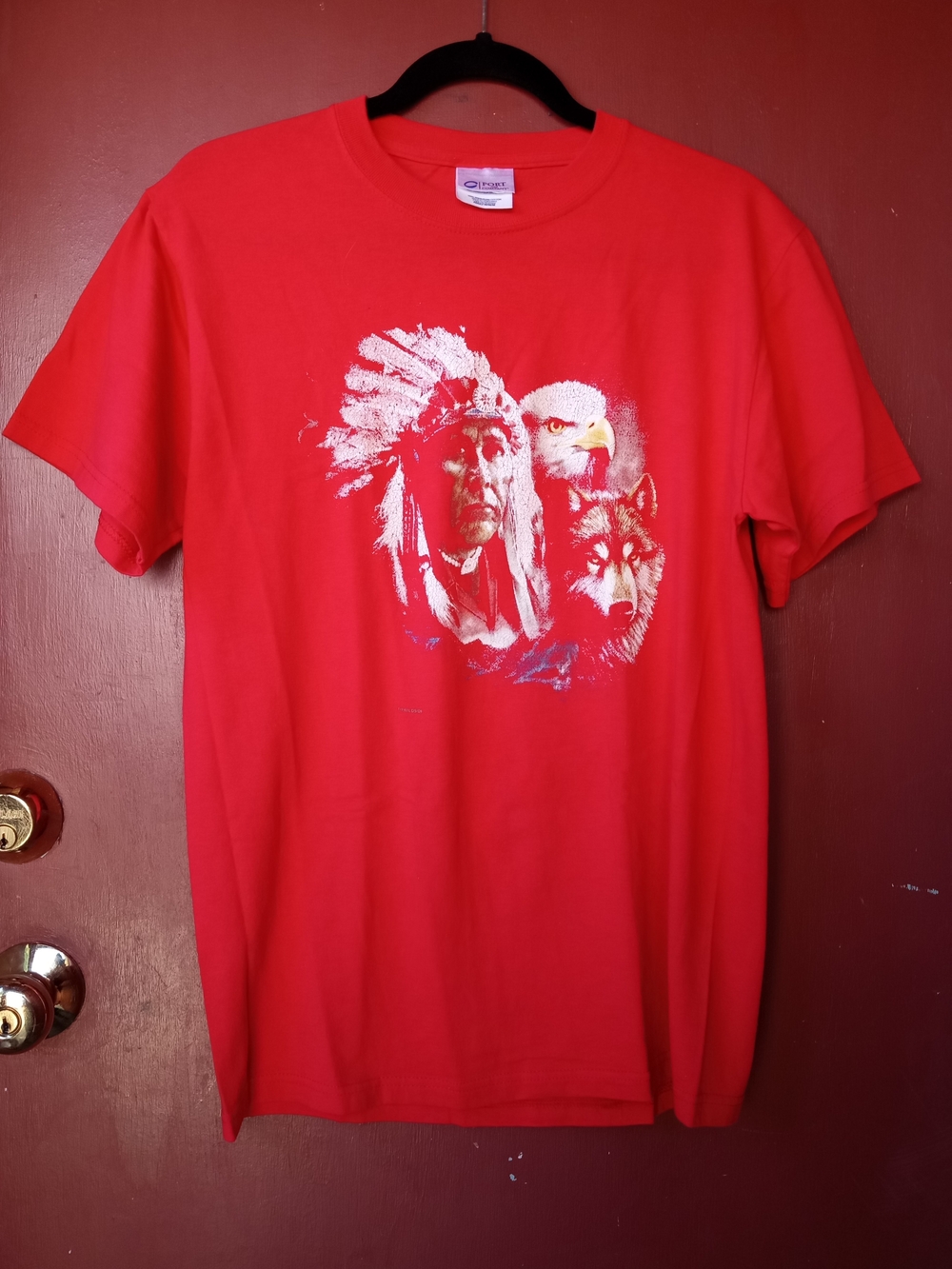 Port and Company Red Graphic Tee with Chief, Eagle & Wolf Artwork M